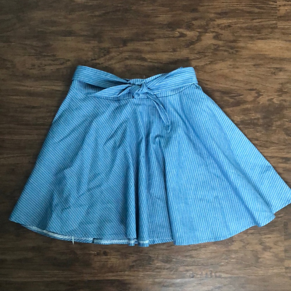 Blue and White Striped Skater Skirt with tie waist